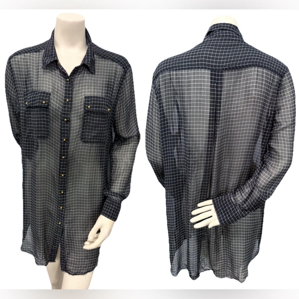 Charlie by Matthew Zink Black Sheer Silk Grid Tunic Blouse Shirt Women’s L